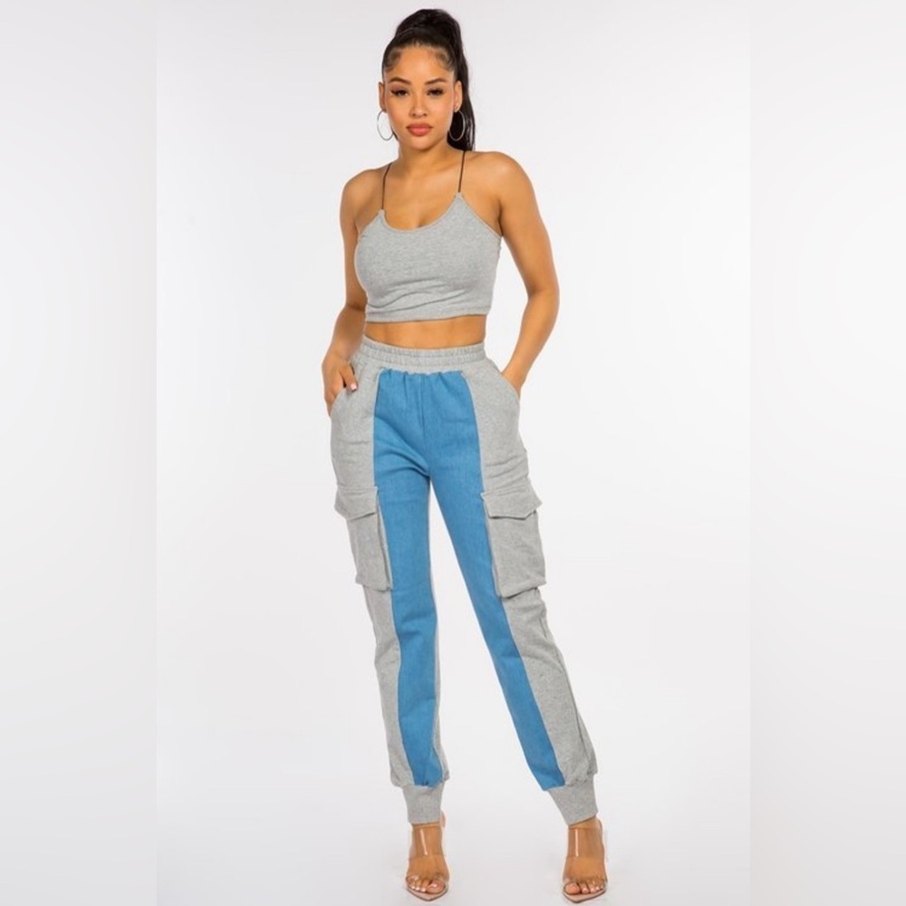 GREY FRENCH TERRY-DENIM COMBO CARGO PANT WITH TANK TOP SET